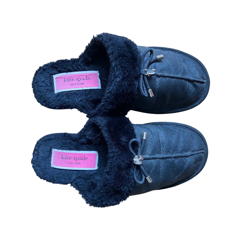 Kate Spade New York‎ Black Shimmer Faux Fur Bow Slippers Scuff Mules M